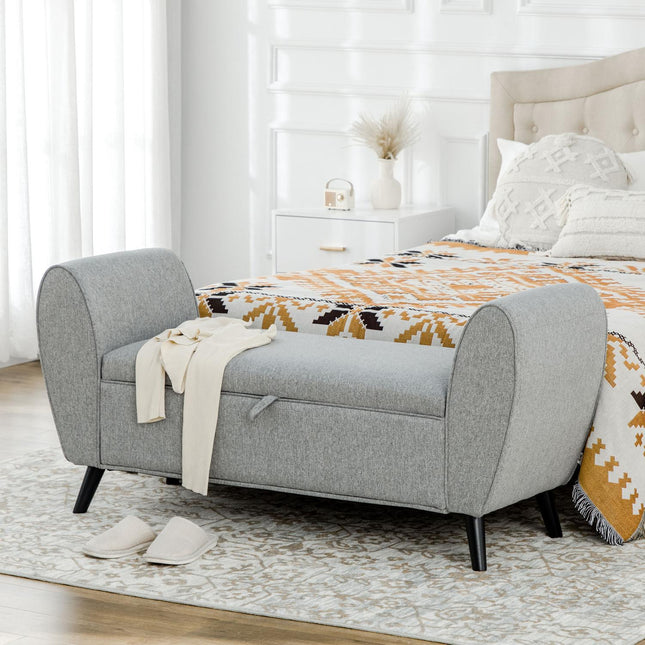 Upholstered storage bench with armrests - light gray linen
