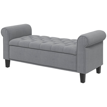 Gray upholstered bench with storage, velvet look, 120 kg capacity