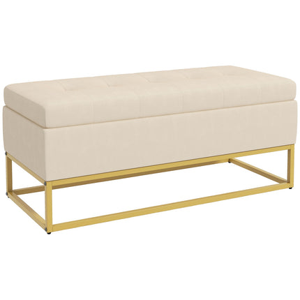 Beige upholstered storage bench with steel legs, 110cm