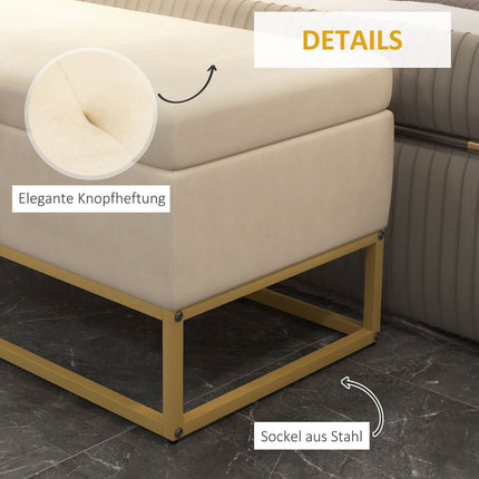 Beige upholstered storage bench with steel legs, 110cm