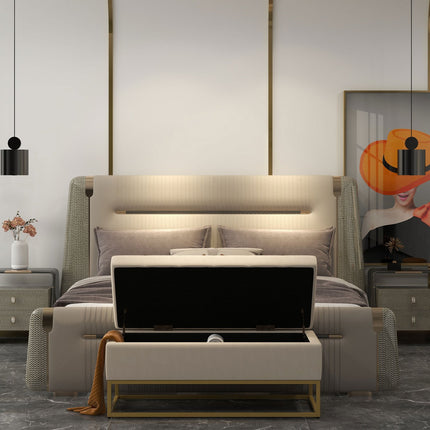 Beige upholstered storage bench with steel legs, 110cm