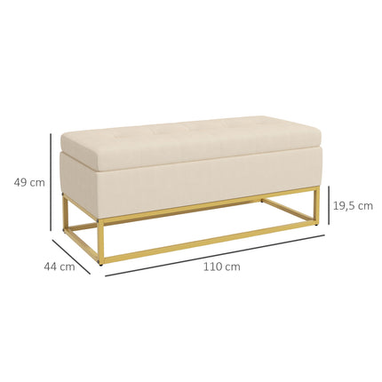 Beige upholstered storage bench with steel legs, 110cm