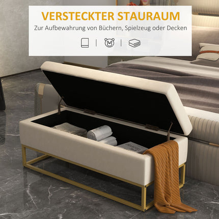 Beige upholstered storage bench with steel legs, 110cm