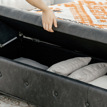 Upholstered storage bench with armrests - soft-closing hinges