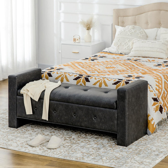 Upholstered storage bench with armrests - soft-closing hinges