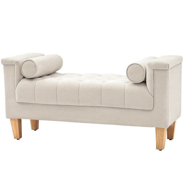Bank gestoffeerde bank met chenille bekleding, armleuning bedbank met 2 cilinderkussens, houten frame, schoenenbank voor slaapkamer, woonkamer, hal 115 x 44 x 58 cm beige