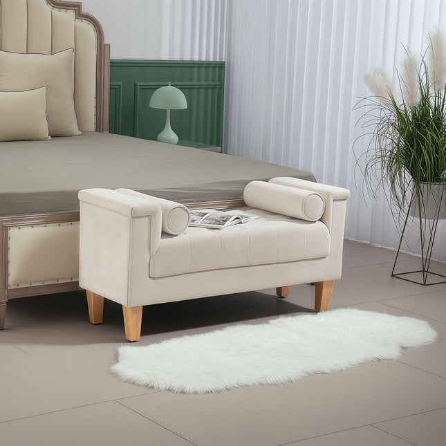 Bank gestoffeerde bank met chenille bekleding, armleuning bedbank met 2 cilinderkussens, houten frame, schoenenbank voor slaapkamer, woonkamer, hal 115 x 44 x 58 cm beige