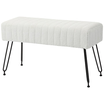 Upholstered cream bench with metal legs, faux fur look