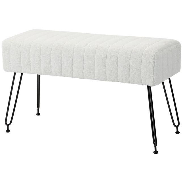Upholstered cream bench with metal legs, faux fur look