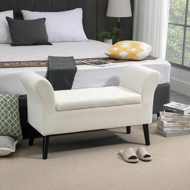 Bank gestoffeerde bank met opbergruimte bedbank met armleuning voor hal slaapkamer fluweelachtig polyester 111,5 x 41 x 65 cm crèmewit