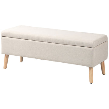 Beige upholstered storage bench - linen look, 110x39x45 cm