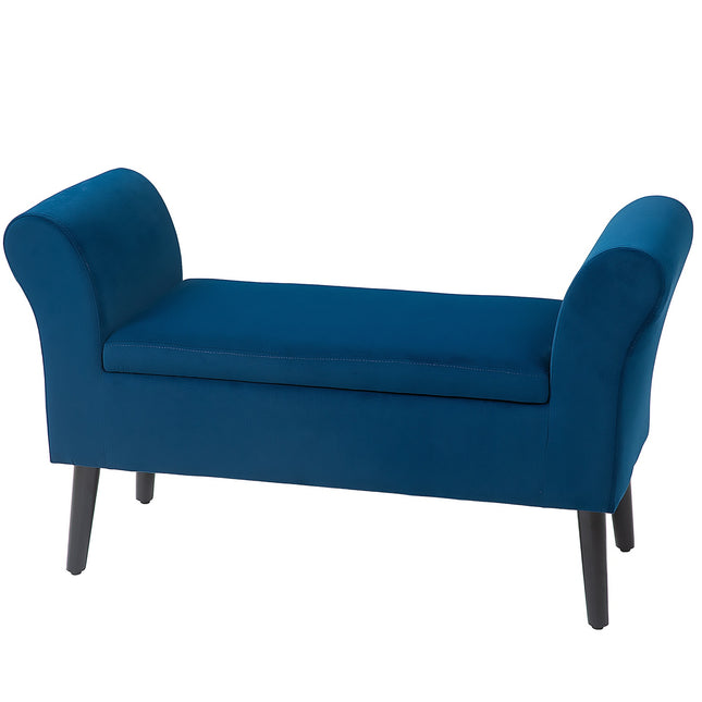 Velvet-covered storage bench with armrests, dark blue