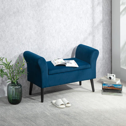 Velvet-covered storage bench with armrests, dark blue