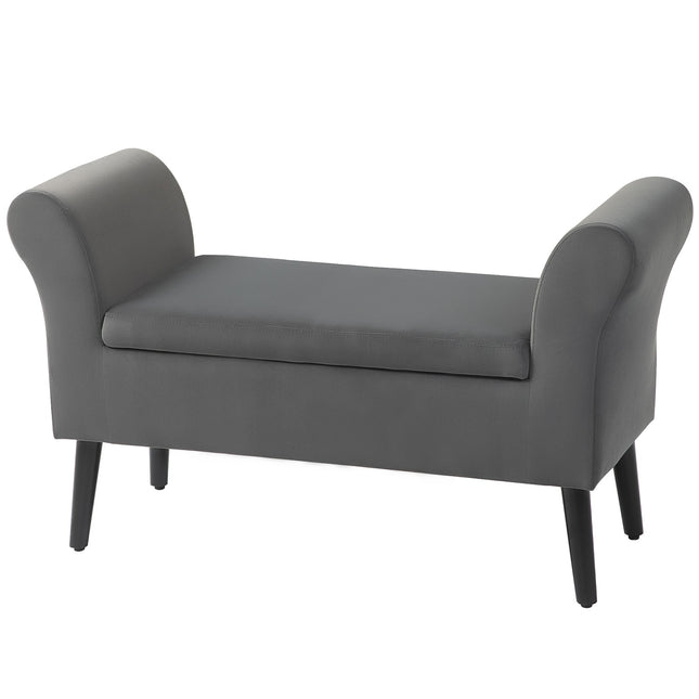 Upholstered dark gray bench with storage, armrests - 46 cm seat height