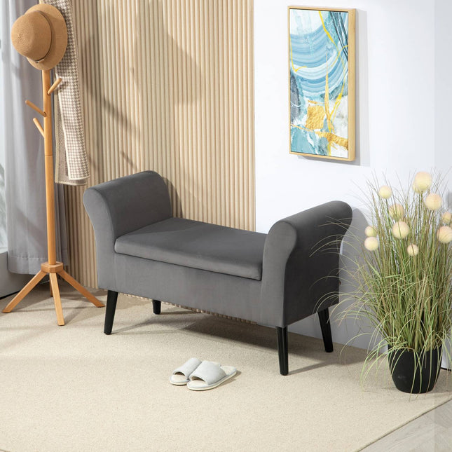 Upholstered dark gray bench with storage, armrests - 46 cm seat height