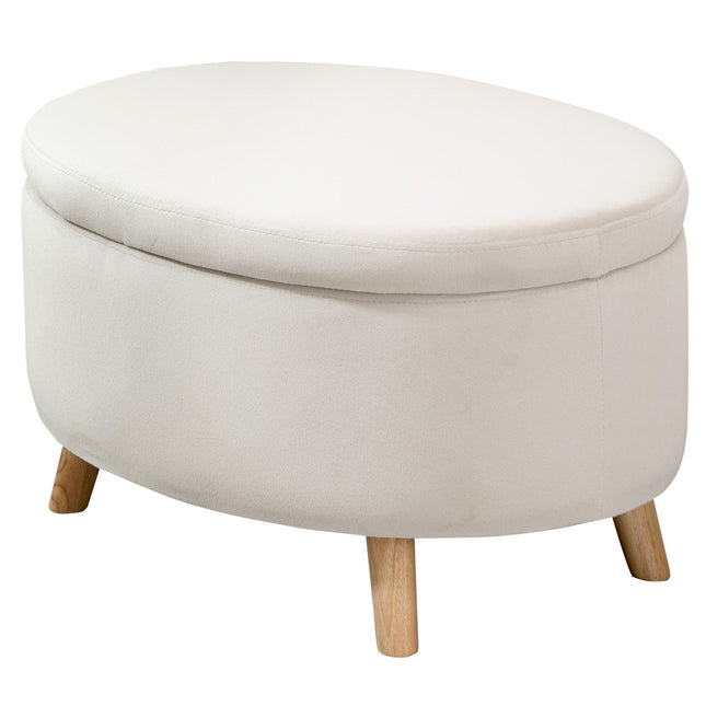 Bank met opbergruimte, ovale gestoffeerde bank met deksel, bedbank met fluwelen look, voor hal, slaapkamer, woonkamer, houten poten 71 x 51,5 x 42 cm beige