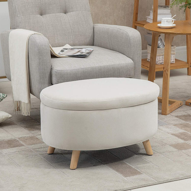 Bank met opbergruimte, ovale gestoffeerde bank met deksel, bedbank met fluwelen look, voor hal, slaapkamer, woonkamer, houten poten 71 x 51,5 x 42 cm beige