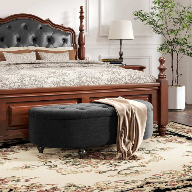 Upholstered storage bench with velvet seat, rubber wood