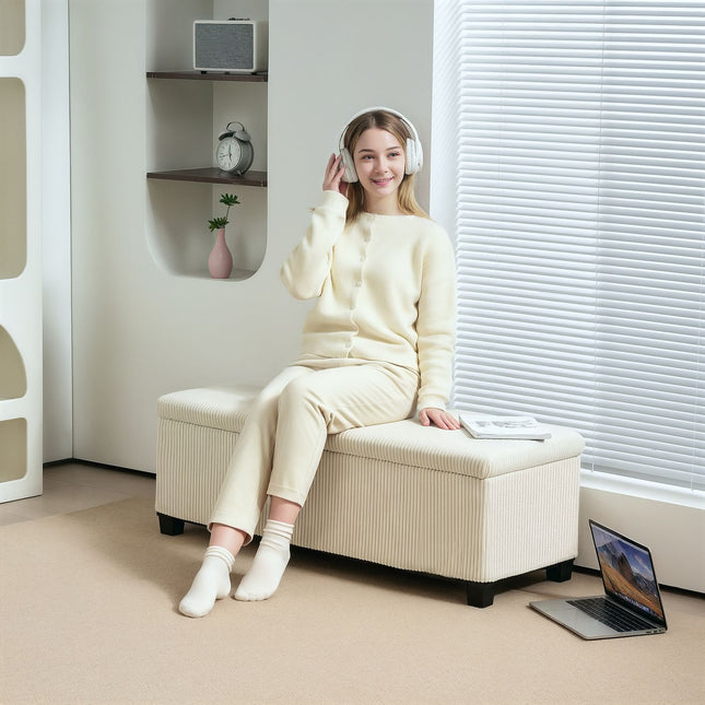 Bank met opbergruimte, gestoffeerde bank met koordlook, ladekast met stalen poten, ladekast voor woonkamer, slaapkamer, hal 112 x 42 x 40 cm, beige Aosoom