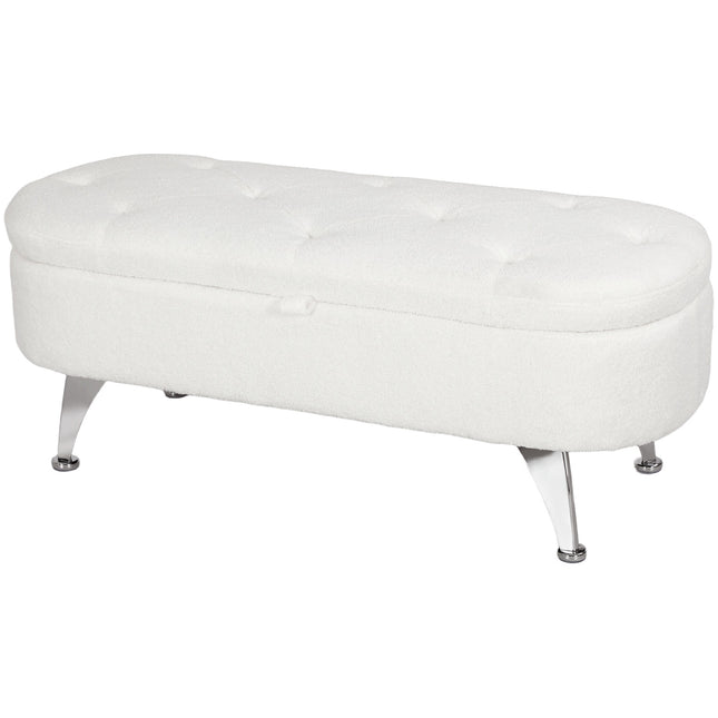 Storage bench with lid, white velvet, metal frame, 114cm