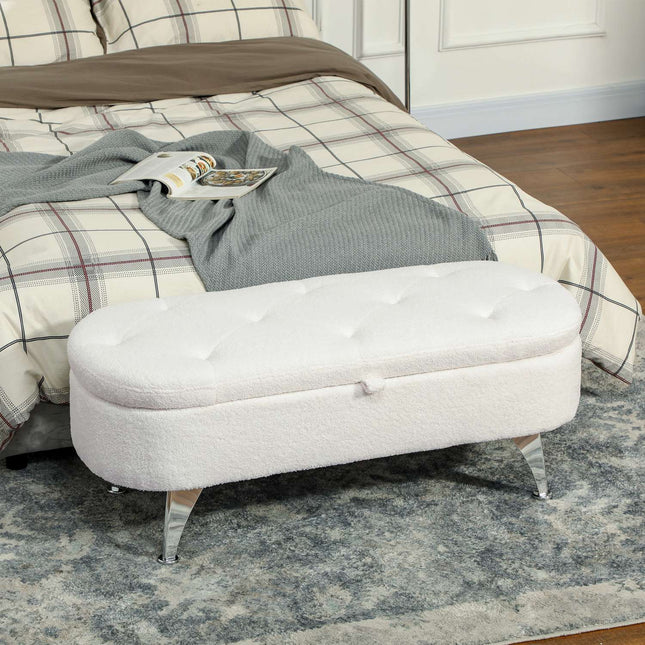 Storage bench with lid, white velvet, metal frame, 114cm