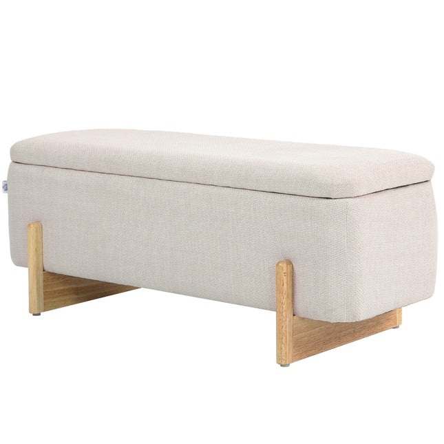 Upholstered bench with storage, linen look, wooden legs