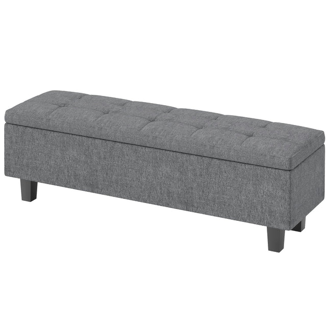 Upholstered storage bench, dark grey, wooden legs, 138x40x45 cm
