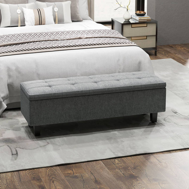 Upholstered storage bench, dark grey, wooden legs, 138x40x45 cm