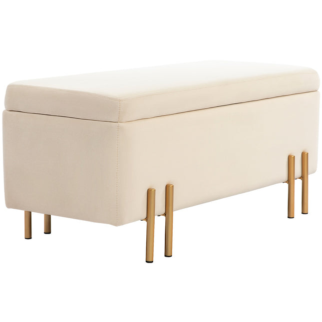 Bank met opbergruimte, gestoffeerde bank met fluwelen look, ladekast met houten poten, ladekast voor woonkamer, slaapkamer, hal, 100 x 40 x 42 cm, beige
