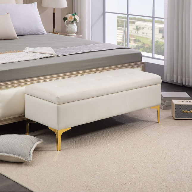 Upholstered velvet bench with metal legs, 120cm – Beige