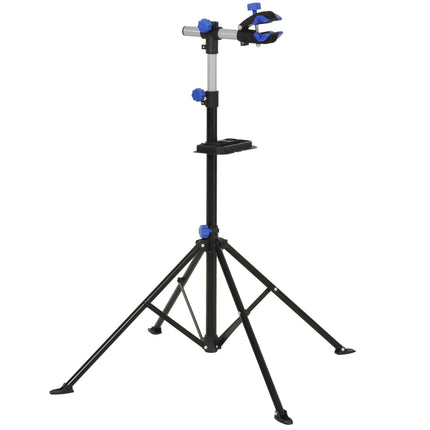 Bicycle repair stand with tray, adjustable, four-legged, black