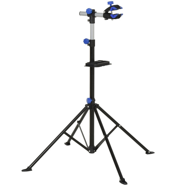 Bicycle repair stand with tray, adjustable, four-legged, black