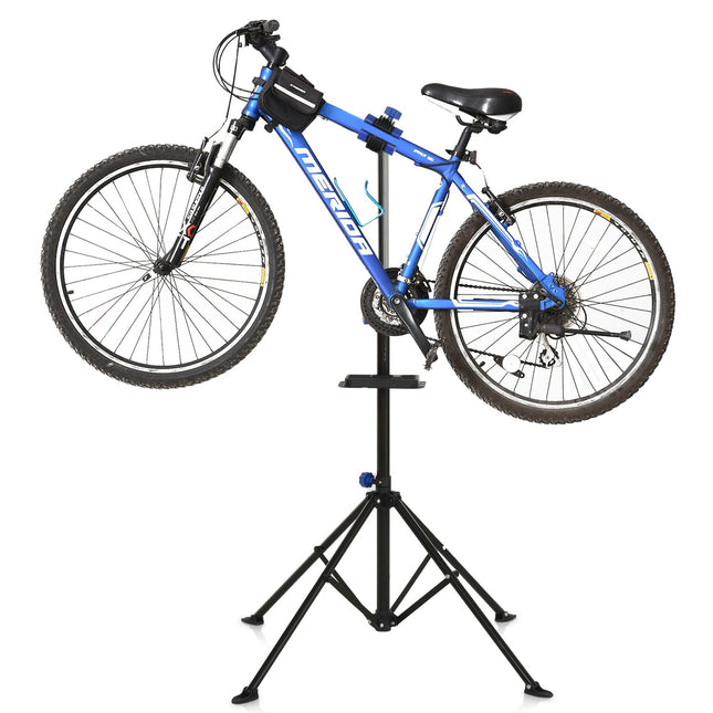 Bicycle repair stand with tray, adjustable, four-legged, black