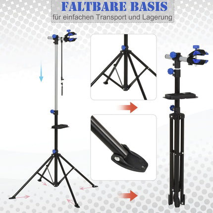 Bicycle repair stand with tray, adjustable, four-legged, black