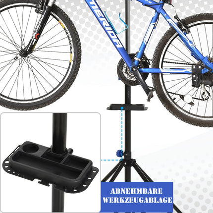 Bicycle repair stand with tray, adjustable, four-legged, black