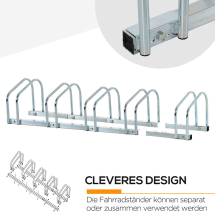 Weather-resistant bicycle rack in steel, floor and wall mount, holds 5