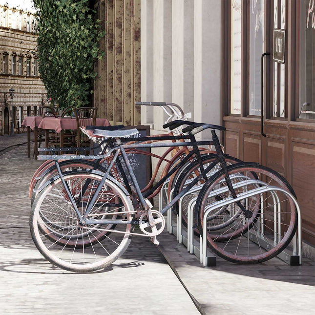 Weather-resistant bicycle rack in steel, floor and wall mount, holds 5