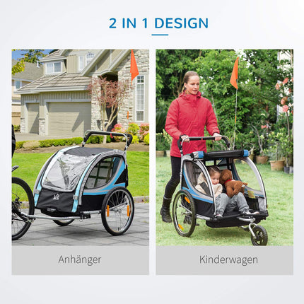 Bicycle trailer & stroller, 360° swivel, steel frame, blue/black