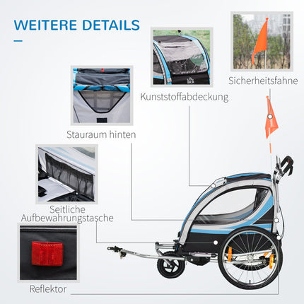 Bicycle trailer & stroller, 360° swivel, steel frame, blue/black