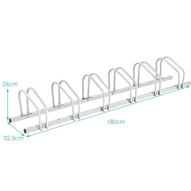 Fietsstandaard voor 6 fietsen, meervoudige standaard, stalen vloerstandaard, standaard, zilver