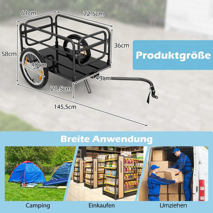 Bicycle trailer cargo trailer foldable with cover & coupler & reflectors 145.5 x 61 x 58 cm