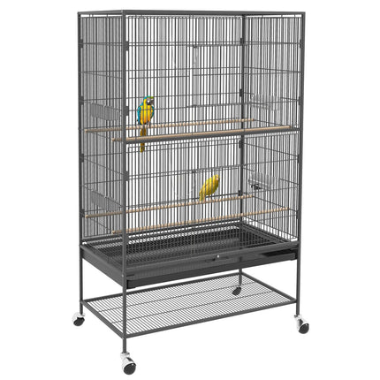 Large gray bird aviary with perches and wheels, 94 x 57 x 153 cm