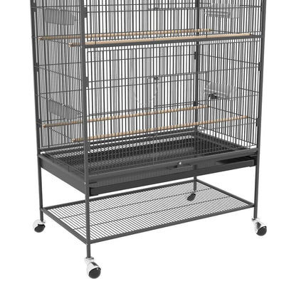 Large gray bird aviary with perches and wheels, 94 x 57 x 153 cm
