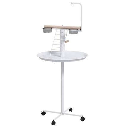 Bird feeding station with wheels and perches, steel, white