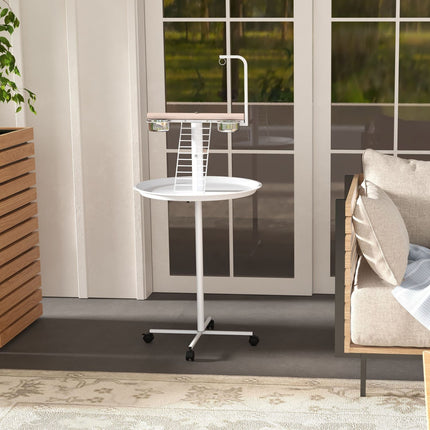 Bird feeding station with wheels and perches, steel, white