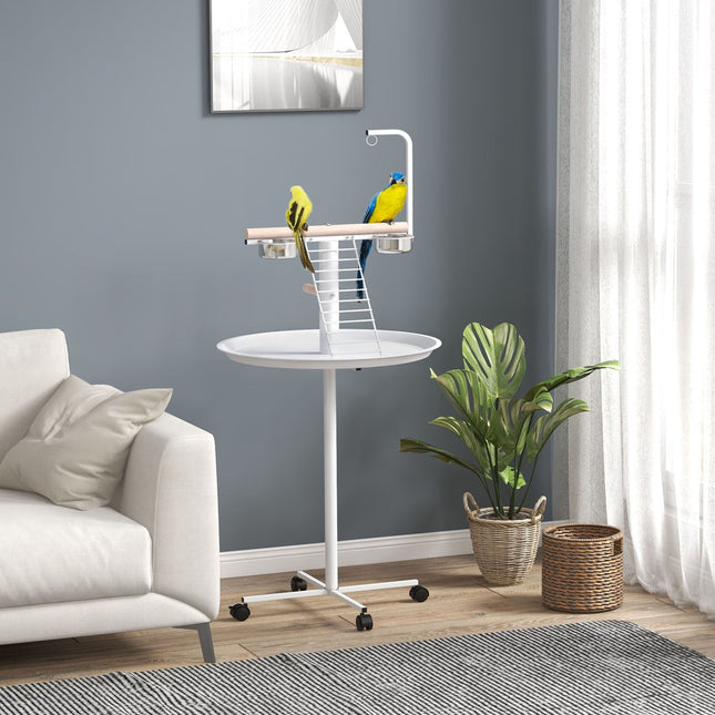 Bird feeding station with wheels and perches, steel, white