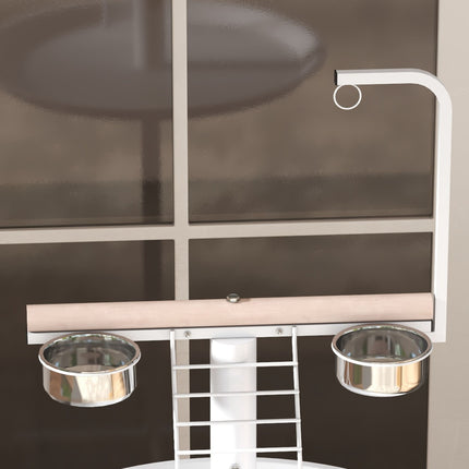 Bird feeding station with wheels and perches, steel, white