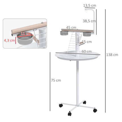 Bird feeding station with wheels and perches, steel, white