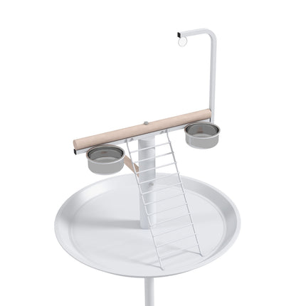 Bird feeding station with wheels and perches, steel, white