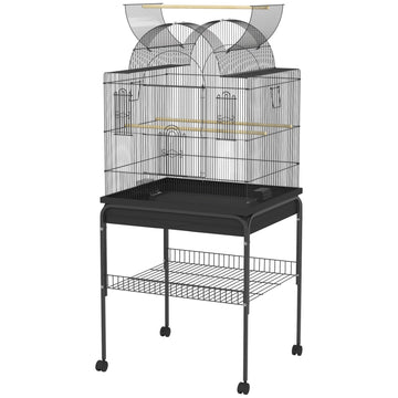 Large steel birdcage, with wheels and feeding station